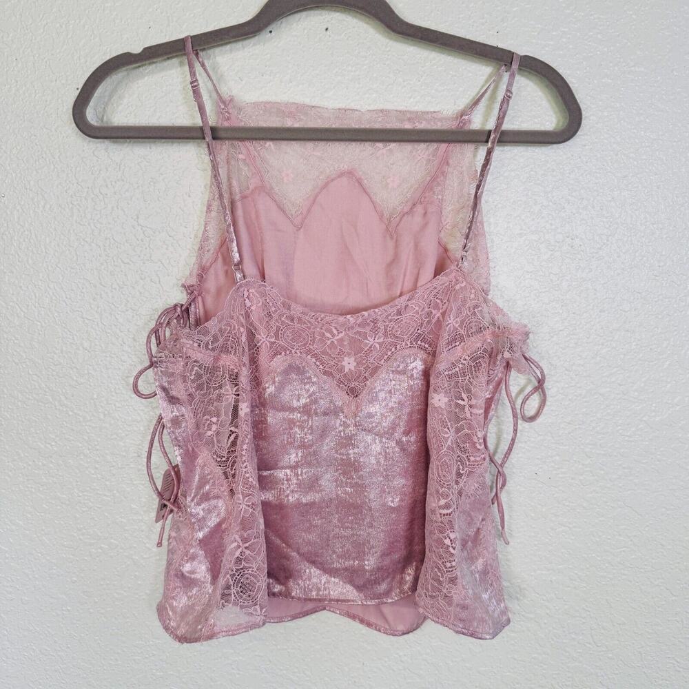 Free People Top Womens Small Shimmer On Cami Satin Lace Blouse Romantic Pink NEW - Picture 2 of 10
